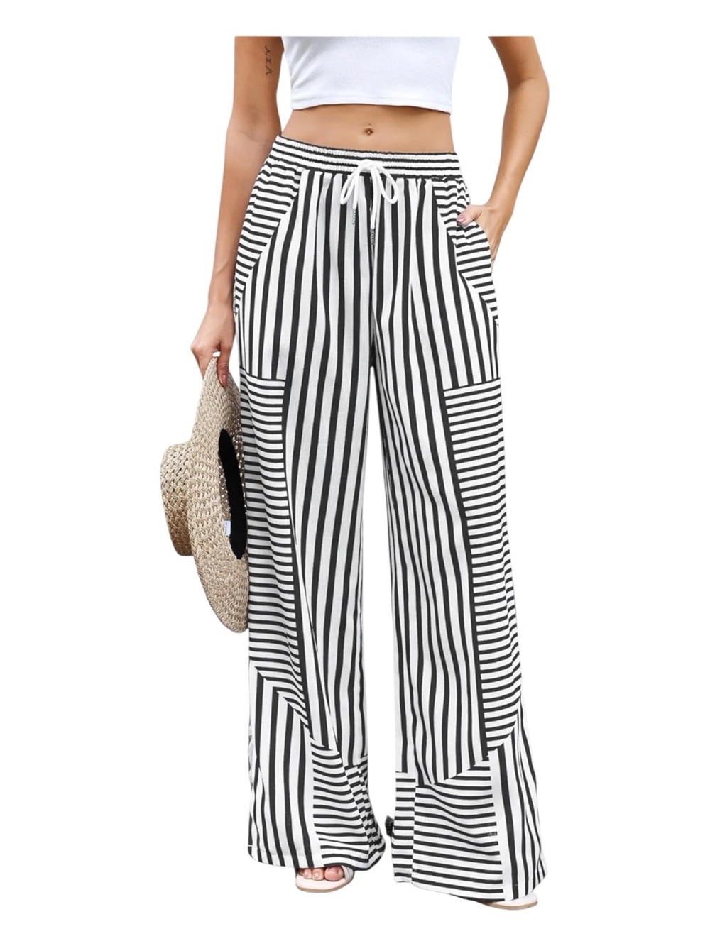 NWT Zaful Black White Striped Palazzo Pants Wide Leg Drawstring | Size XL